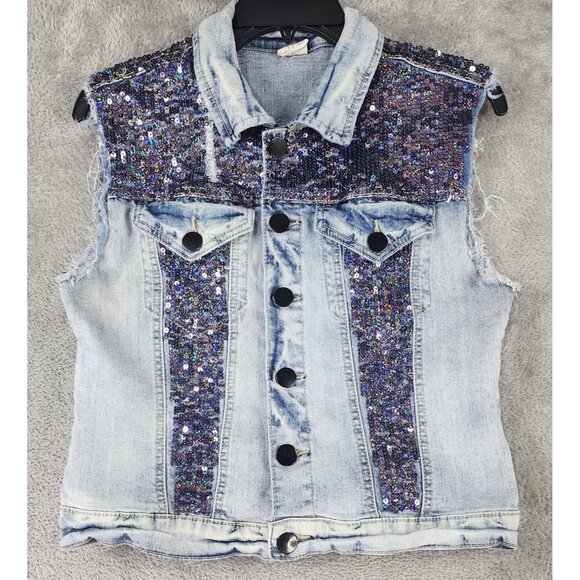 Litz Jacket Womens Juniors Large Blue Denim Sequin Vest Distressed Y2K Style - Picture 1 of 10
